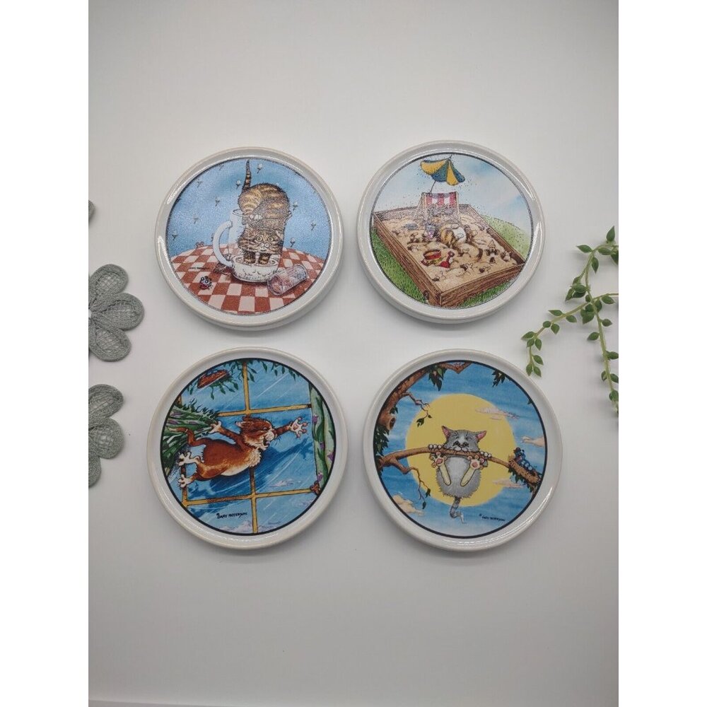 Funny Ceramic Kitty Cat Coasters Artist GARY PATTERSON by Clay Design Set of 4